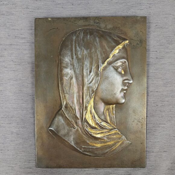 Holy Mother Mary and Jesus Bronze Plaque Set French Catholic Religious Wall Icon - Picture 7 of 11